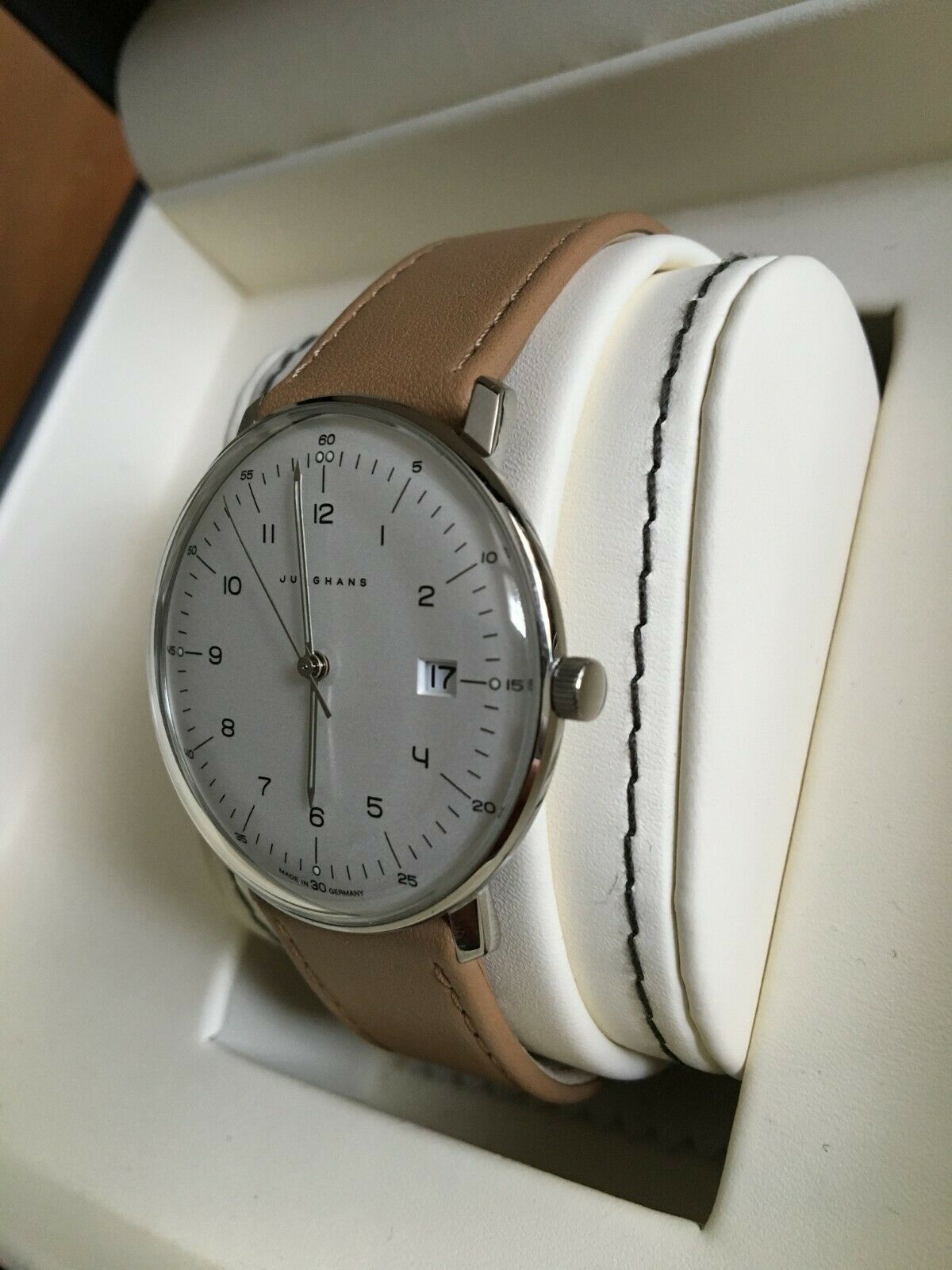 Junghans Men s Max Bill Silver Dial Beige Leather Strap Quartz