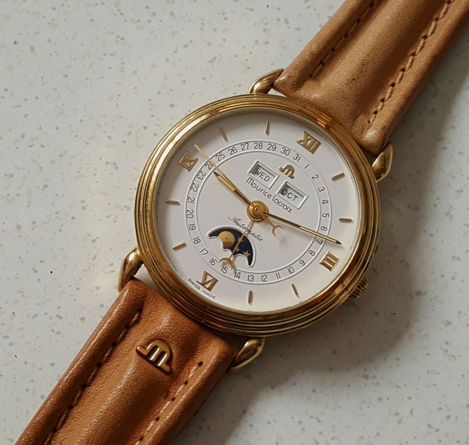 Men s Gold Plated Maurice Lacroix Moon Phase Triple Date Automatic