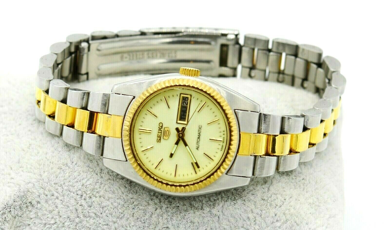 VINTAGE SEIKO 5 AUTOMATIC YELLOW DIAL WOMEN'S TWO TONE WATCH