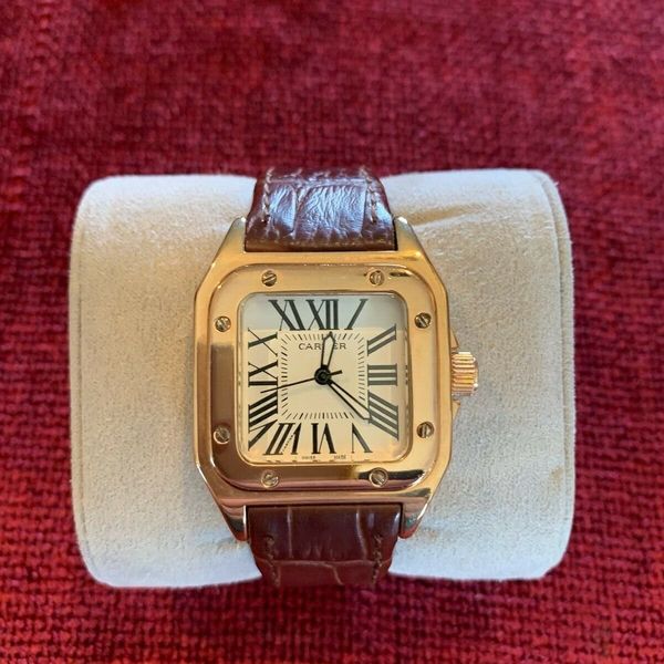 Cartier Santos 100 Automatic Gold Tone Leather Mens Watch 838738