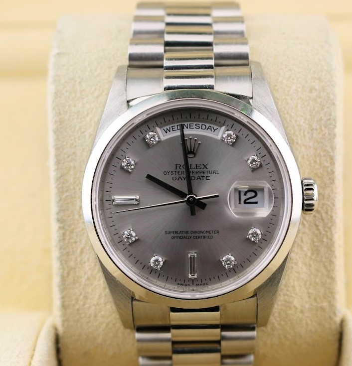 1996 Rolex Day Date 18206 Silver Diamond Dial Platinum President