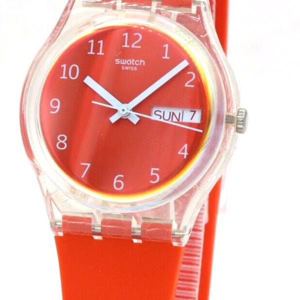 New Swiss Swatch Original ESSENTIALS RED AWAY Silicone Day-Date Watch ...