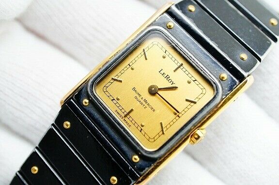 Baume & Mercier Watch LEROY 8801 Black Quartz 18K Gold Plated