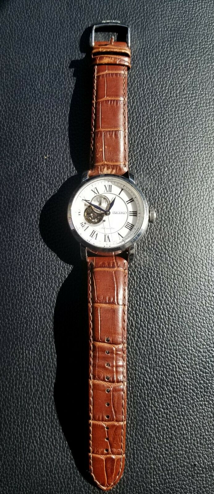 Seiko Men s Automatic Men s Watch Silver Open Heart Brown Leather