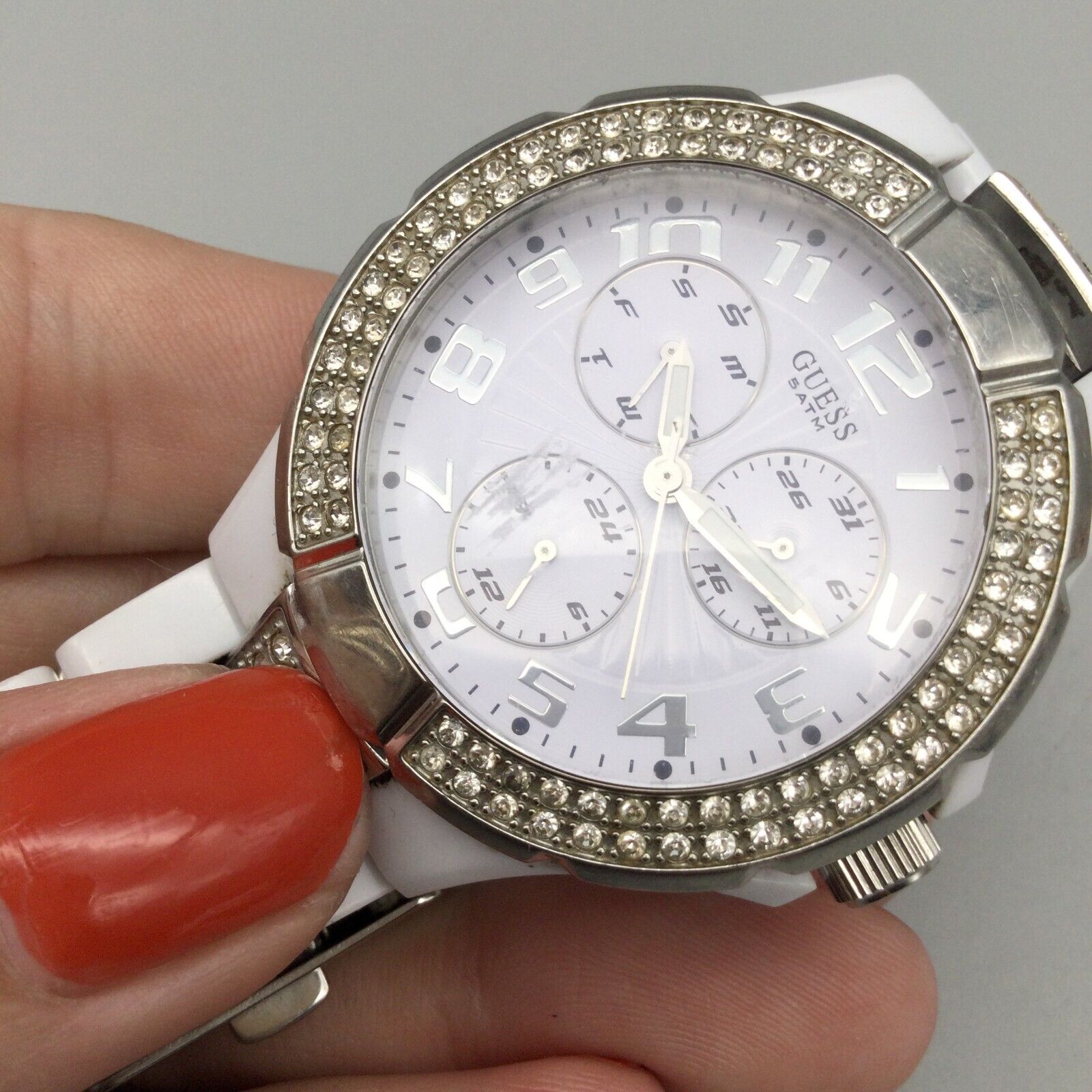 Guess Watch Women 40mm Silver Tone Round Pave White Day Date New