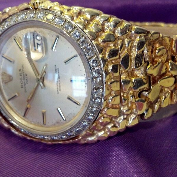 14K SOLID GOLD VINTAGE MENS ROLEX DATE NUGGET WATCH CUSTOM DIAMOND
