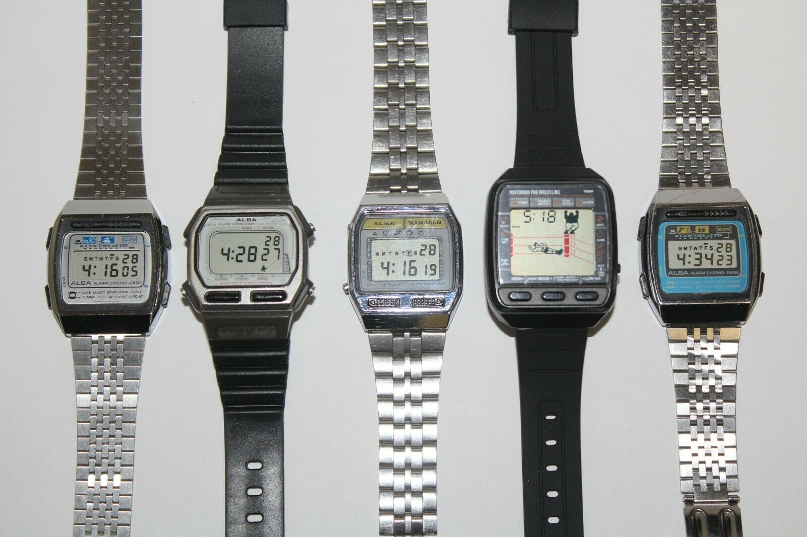 RARE 1980 s ALBA & TOMY 5 game watch SET MAMAGON watchman soccer 
