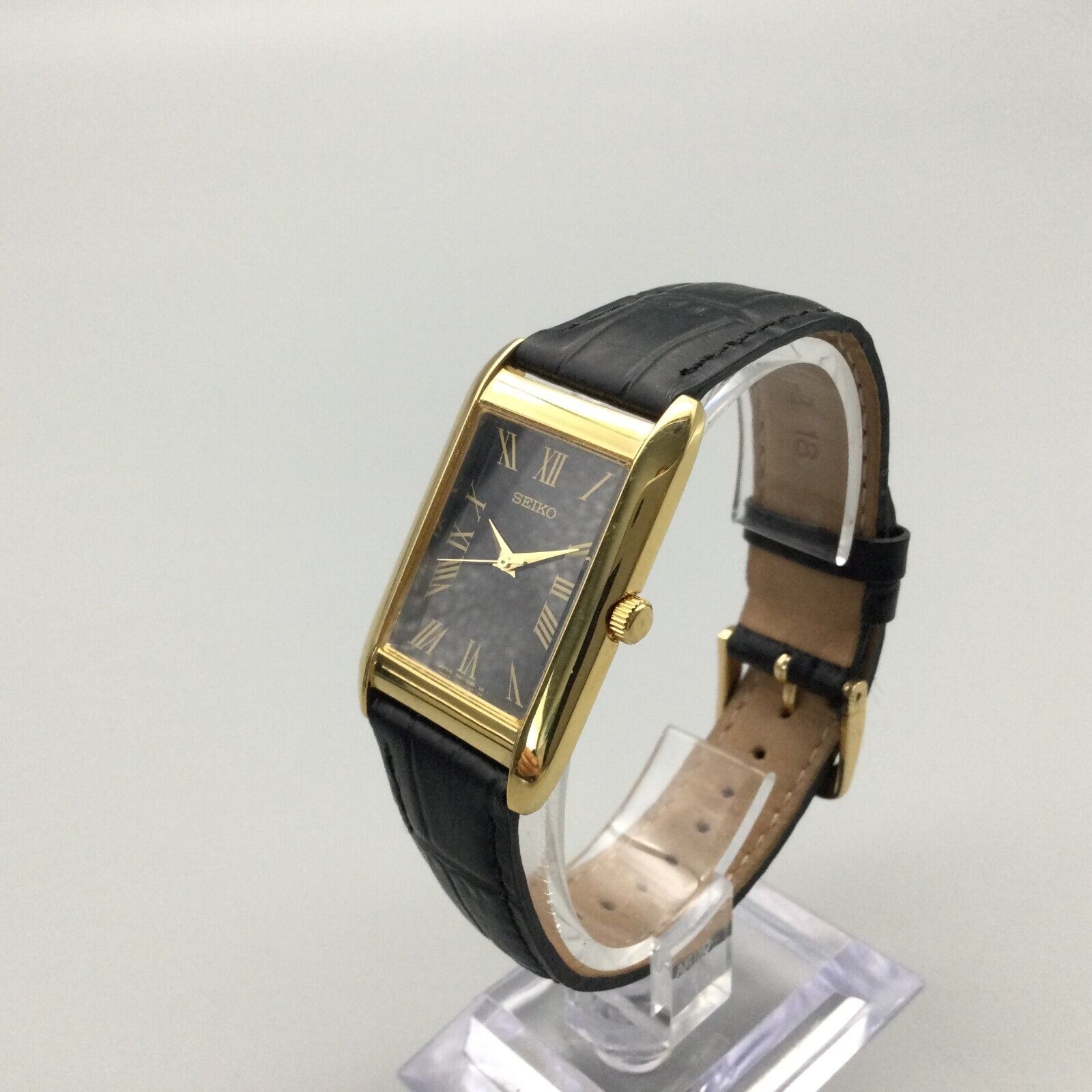 Seiko Tank Watch Men Gold Tone 7N01-0BM0 24mm Leather Band New 