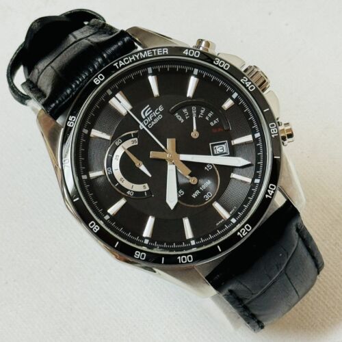 Casio Edifice Men s Chronograph Date Watch Stainless Black Leather EFR 510L 1A WatchCharts Marketplace