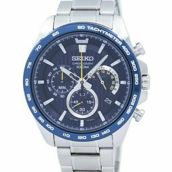 Seiko Men Chronograph Tachymeter Blue Dial Stainless Steel Watch SSB301