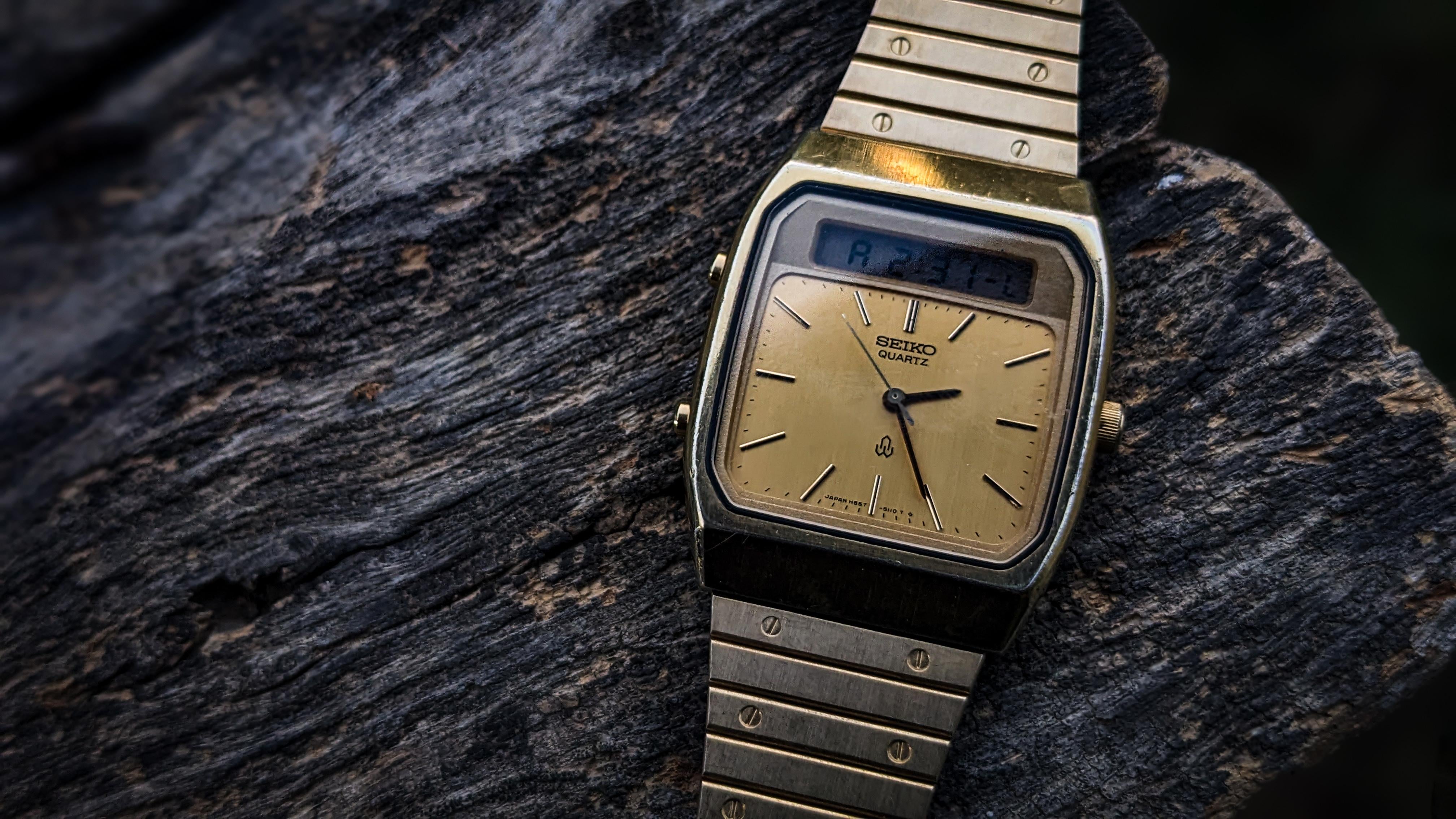 wts] vintage Seiko Gold Plated Tank style Analog/Digital H577-5100