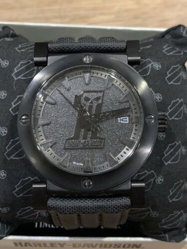 Harley-Davidson Men's Bulova Black #1 Racing Skull Wrist Watch