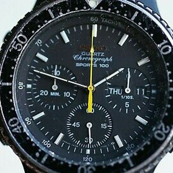 Seiko Vintage Quartz Chronograph Sports 100 Referenz 7a38 7080 Schwarzes Gehäuse Watchcharts 2053