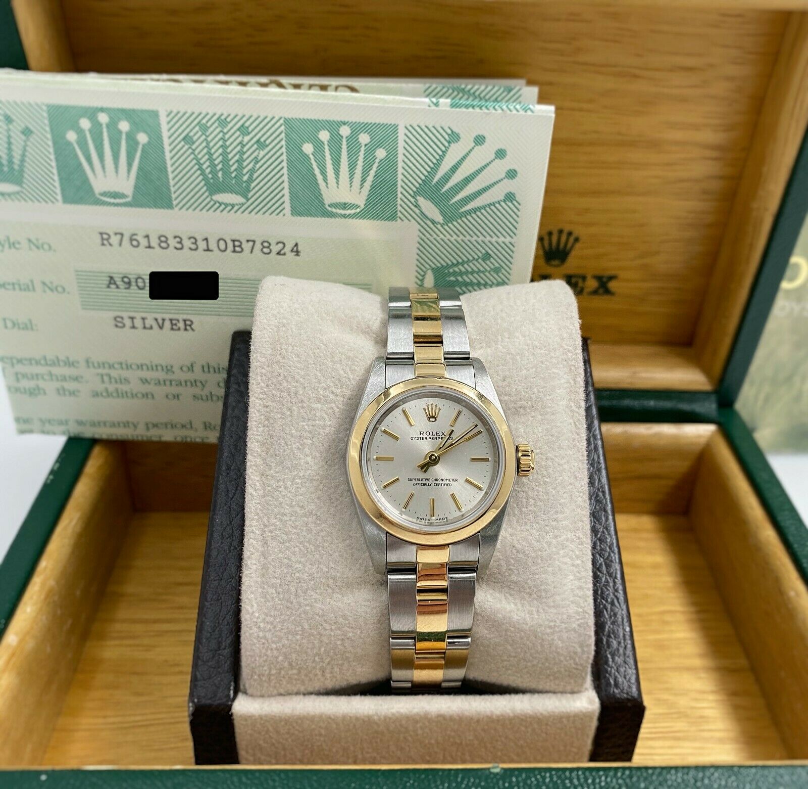 Rolex Oyster Perpetual 18K Yellow Gold/Steel Silver Dial Ladies 26mm Watch 76183