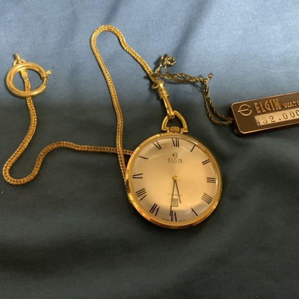 Elgin Gold Pocket Watch Roman Dial Chain Vintage Antique No Box Used ...