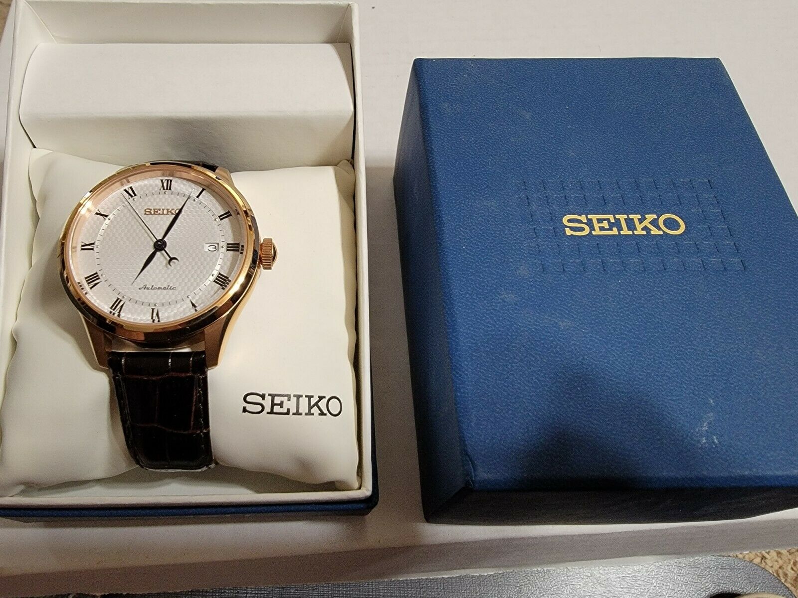 SEIKO 4R35-00P0 Gold Dial White Automatic Men's Watch Brown Leather | WatchCharts