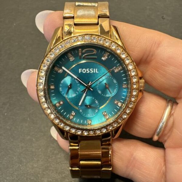 Fossil Riley Watch Women 40mm Pave Rose Gold Tone turquoise Dial Needs ...