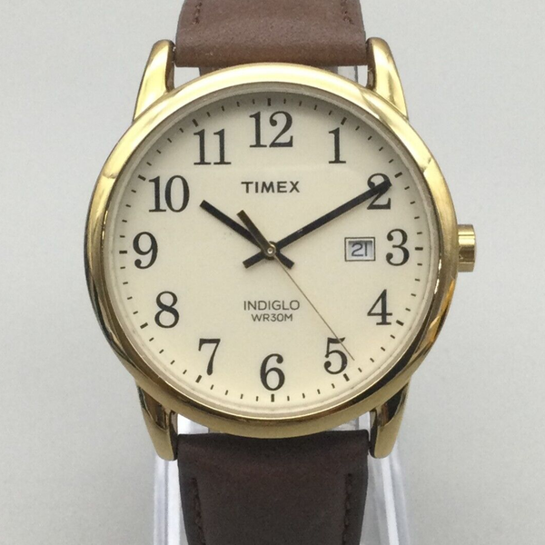 Timex Easy Reader Watch Men 38mm Indiglo Gold Tone Date Brown Leather ...