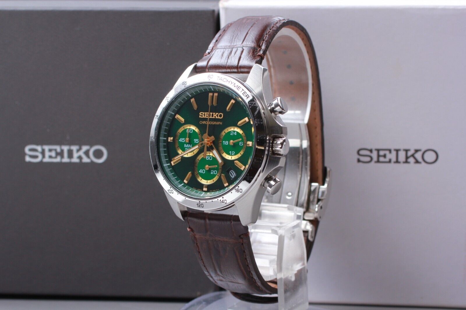 MINT w/Box** SEIKO 8T63-00D0 Chronograph Green Dial Quartz Leather