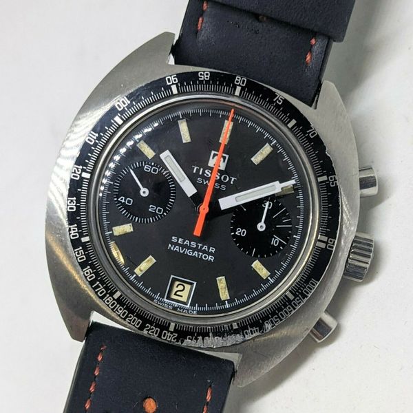 1974 Tissot Seastar Navigator Chronograph Wristwatch Model 40522 in Stainless Steel with Stunning Graphite grey Dial