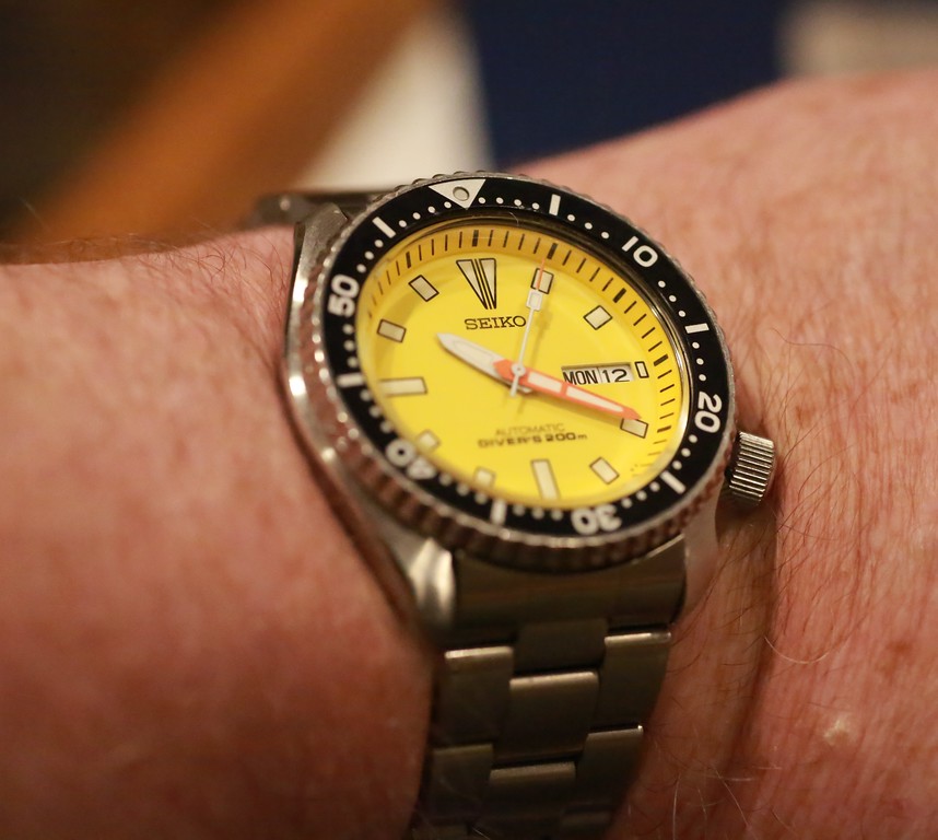 Seiko SKXA35 Diver, yellow face, modded hands (orange minute hand),  bracelet & Nato | WatchCharts
