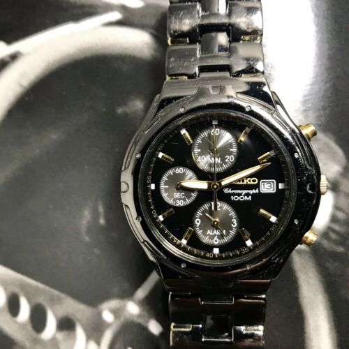 Seiko 90s Vintage Chronograph Black Chrome Gold Quartz Watch 7T62