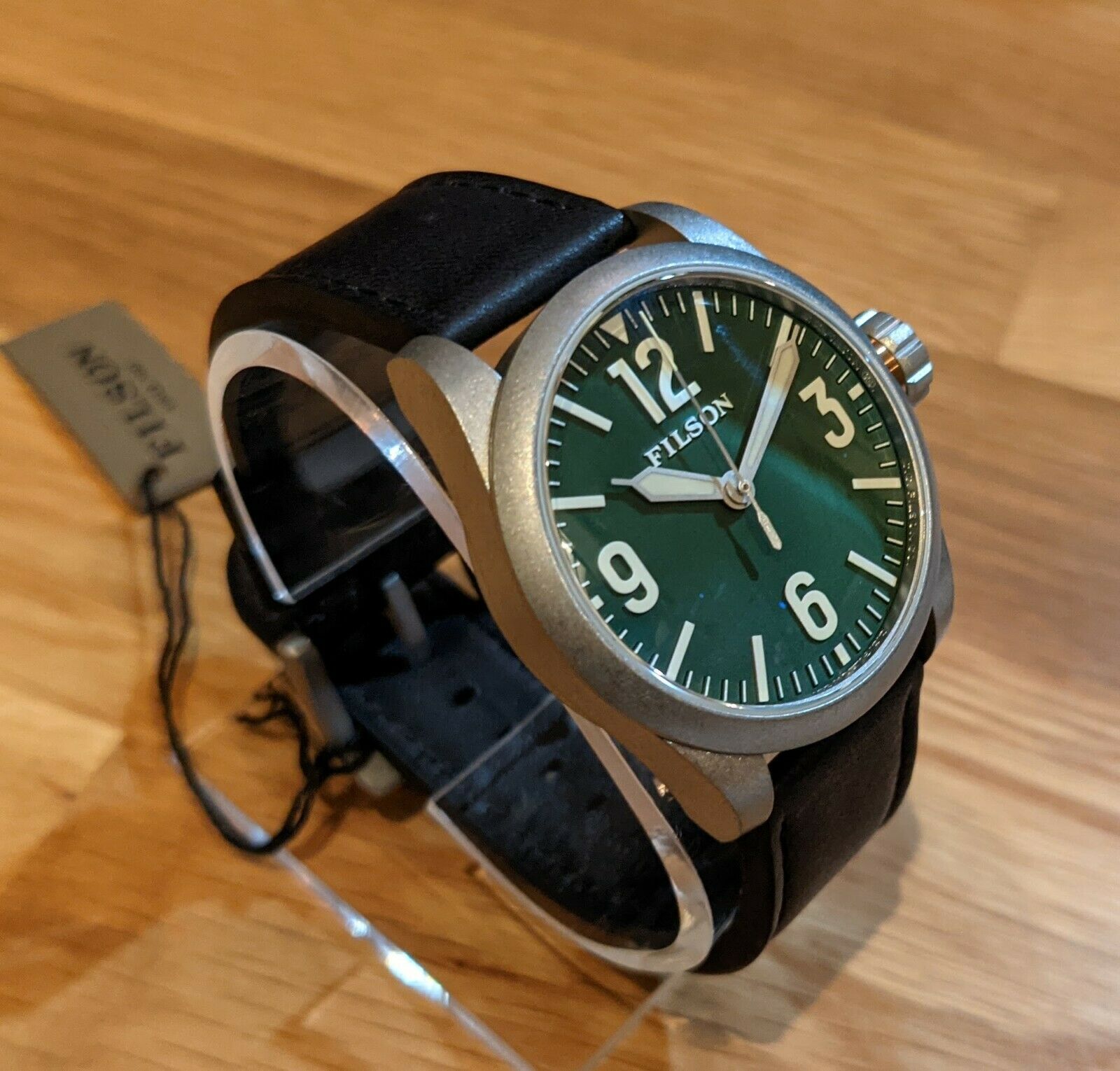 Filson Field Watch 41mm SS Case w Black Leather Strap - Green Dial