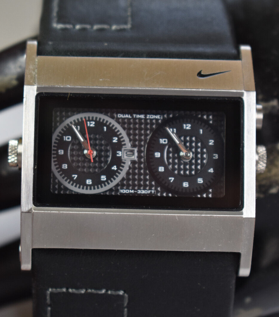 Nike Oregon Men's Dual Time Watch Black Leather WA0054 NEW BATTERY