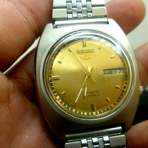 Mens 36mm SEIKO 5 21j AUTOMATIC 7019-7190 Gold SS wrist Vintage Watch ...