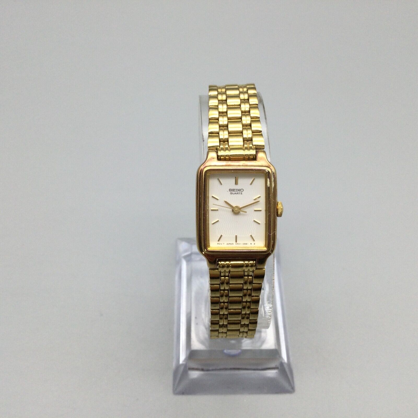 Vintage Seiko Tank Watch Women 17mm Gold Tone V401-5129 New