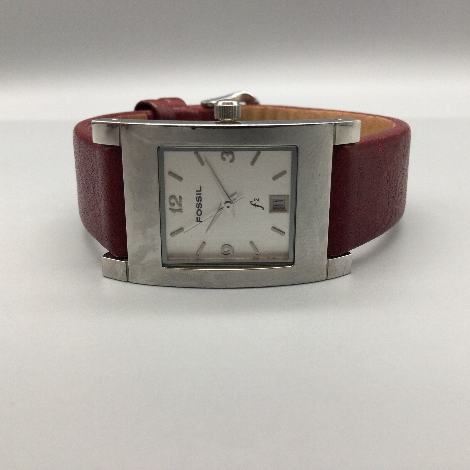 Fossil Tank Watch Women Silver Tone Rectangle Date Leather 