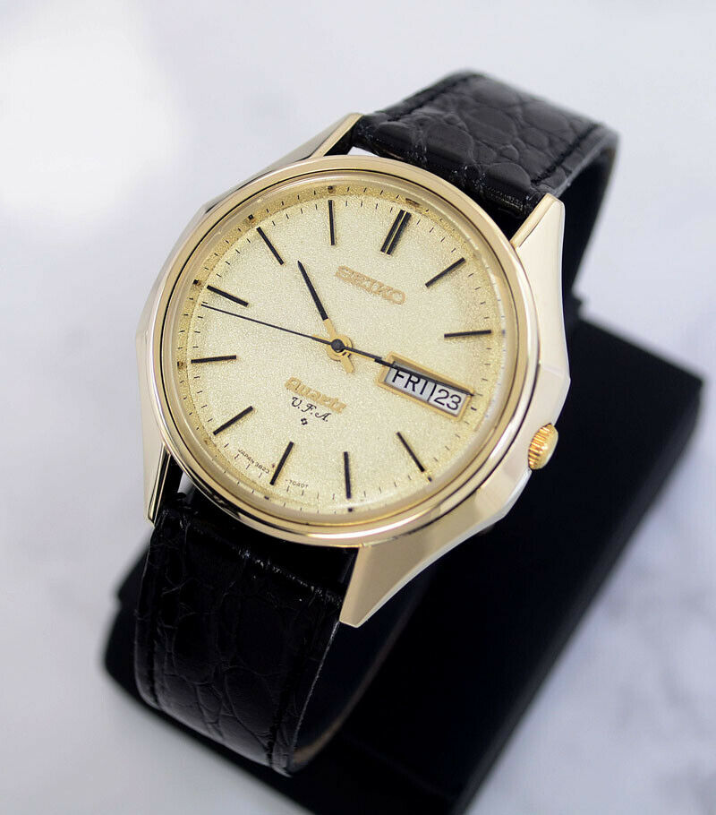 VINTAGE SEIKO QUARTZ U.F.A 3823-7040 DAY&DATE YELLOW GOLD DIAL