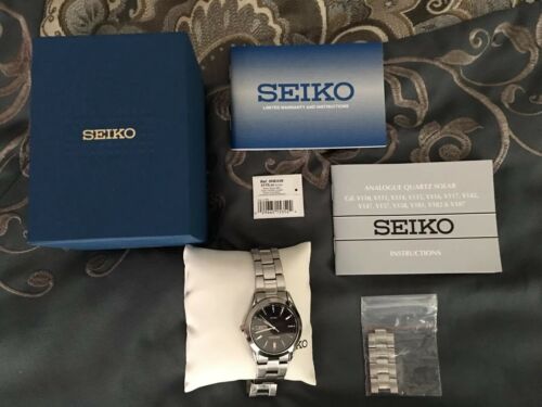 Seiko men's silvertone black dial solar calendar on sale watch