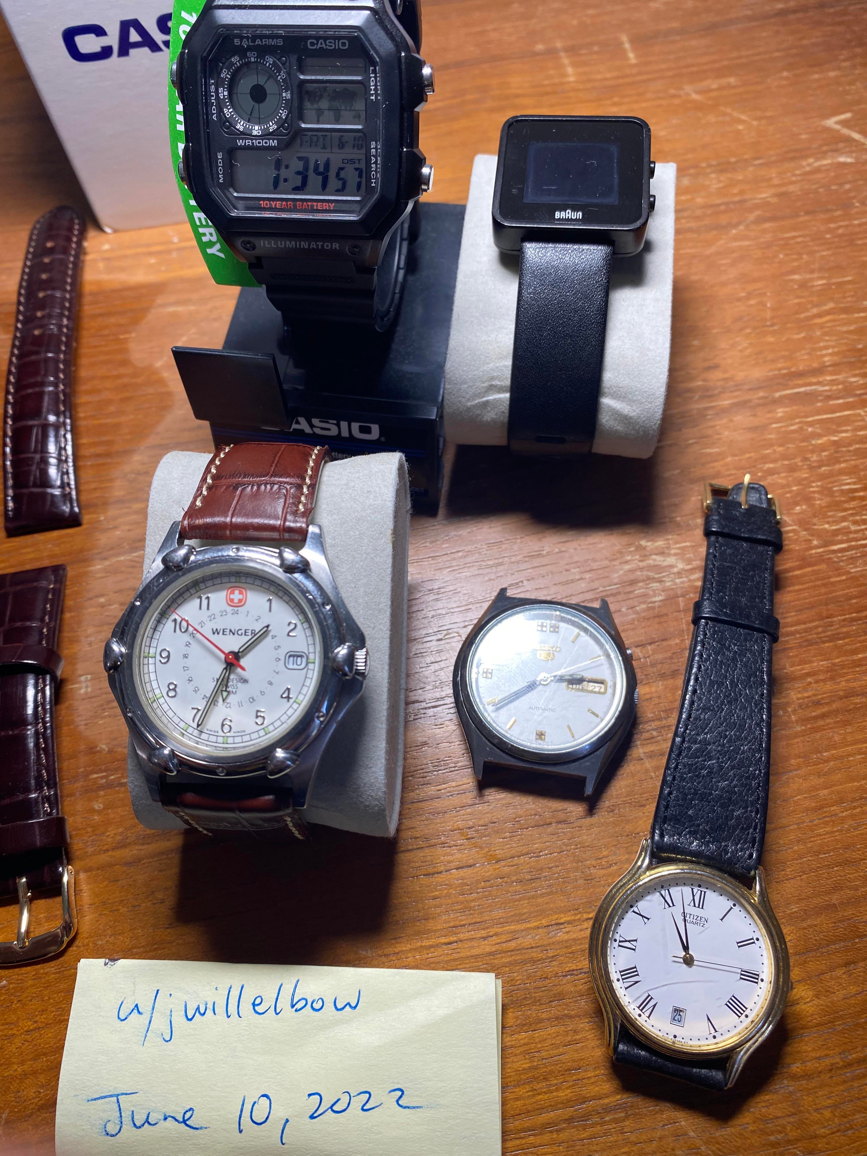 WTS] 5 watches, 4 straps, and a bracelet BUNDLE — Casio World Time “Royale”  AE1200WH, Wenger GMT quartz, Braun digital, 90s Citizen dress watch, and  nonworking Seiko 5 | WatchCharts