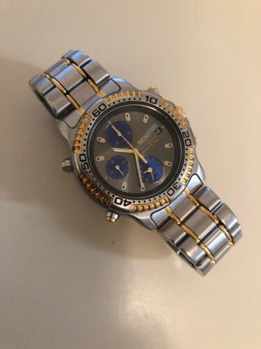 MENS SEIKO BLUE GREY Dial two tone SPORTS 150 CHRONOGRAPH QUARTZ