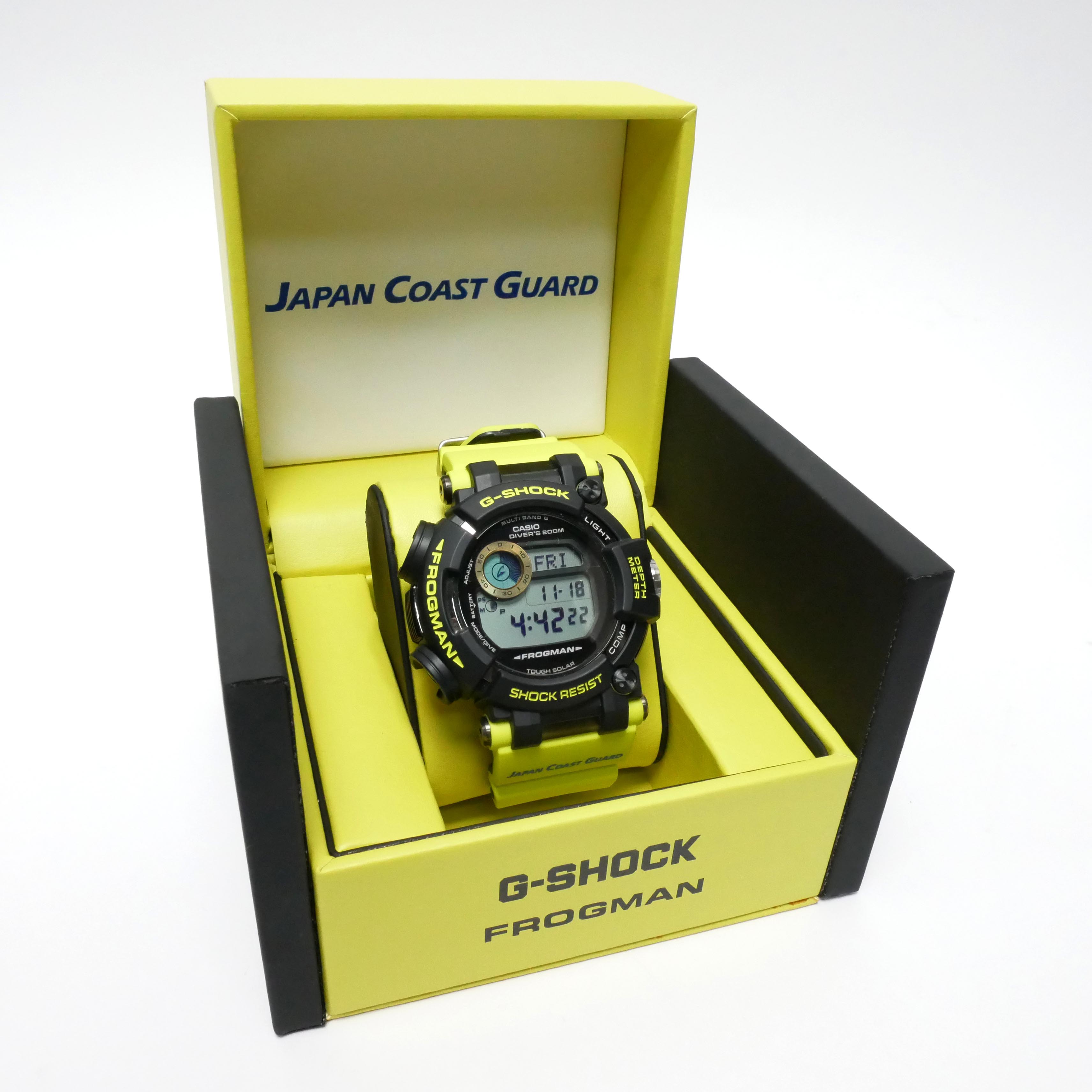 Used] [Almost New] G-SHOCK CASIO Casio FROGMAN Frogman Coast Guard  Collaboration Divers Watch Wristwatch Men's Radio Solar Impact Resistant  Structure ISO200m Diving Waterproof Multifunctional Stainless Steel/Rubber  Black/Neon Yellow GWF-D1000JCG-9JR ...