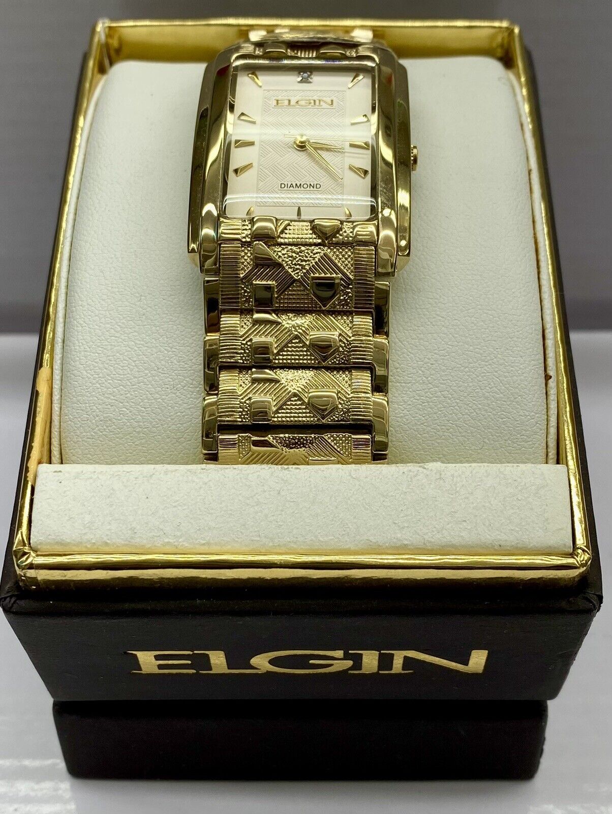 New Elgin Men s Luxury Gold Tone Diamond Rectangle With Gold Dial