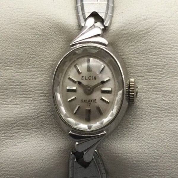 Vintage Elgin Galaxie Watch Women Silver Tone Oval 17 Jewels New