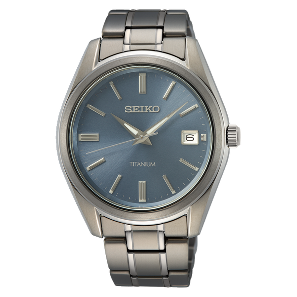 SEIKO Men's Watch SUR371 Titanium Grey Quartz Analog Blue Dial