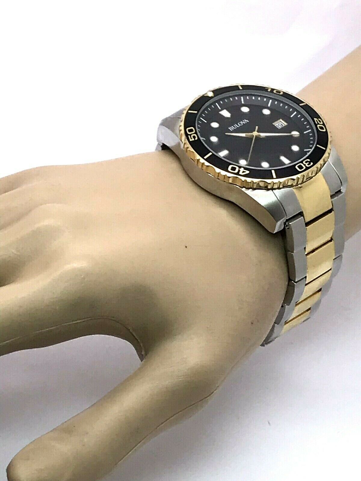 Bulova 98A199 Mens Watch Black Dial Two Tone Silver Gold SS For