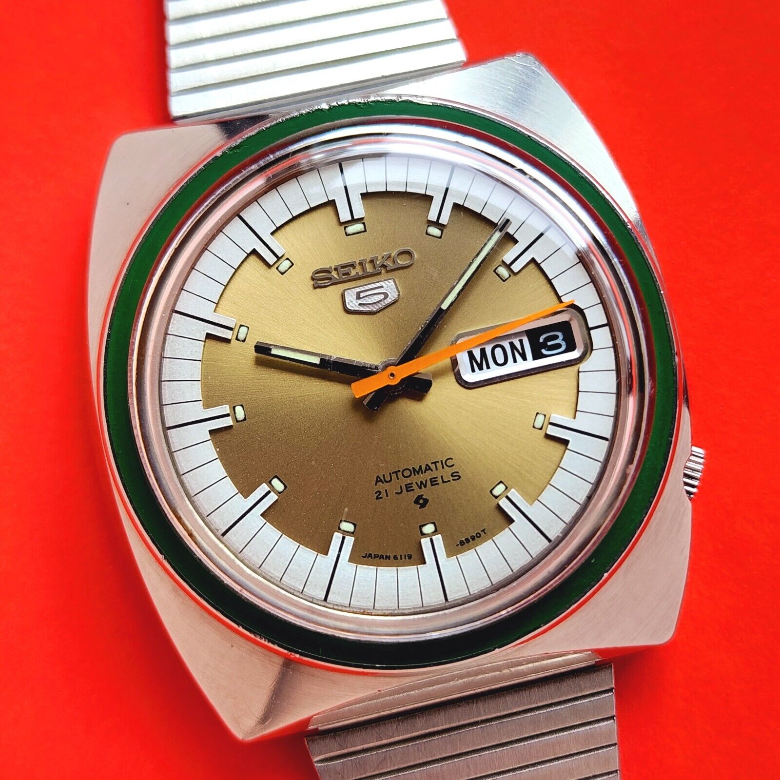 Seiko Automatic Watch 1971 Rare Gold & Green Stainless Steel 6119