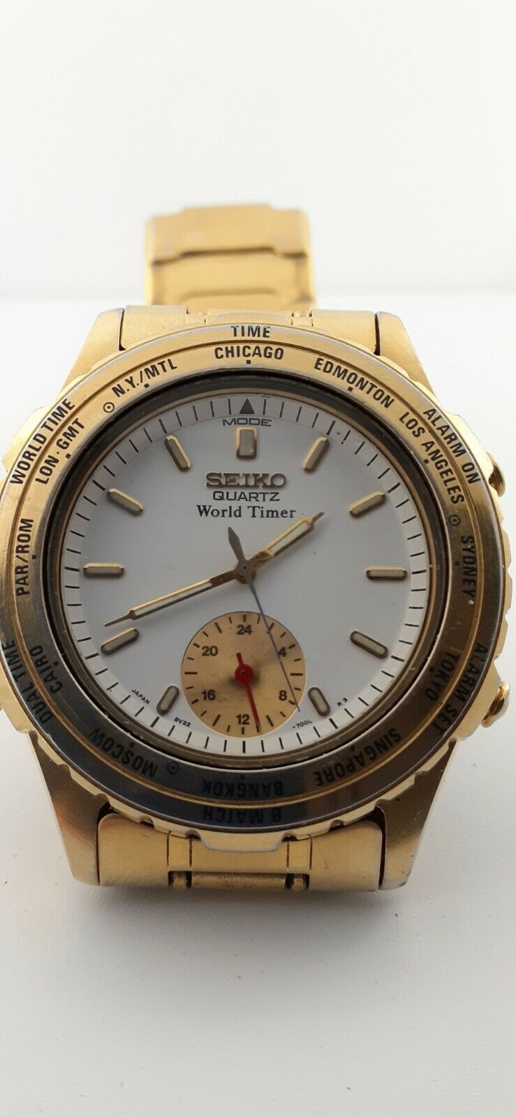 SEIKO QUARTZ WORLD TIMER 8V22 7000 GOLD PLATED RUNNING CONDITION