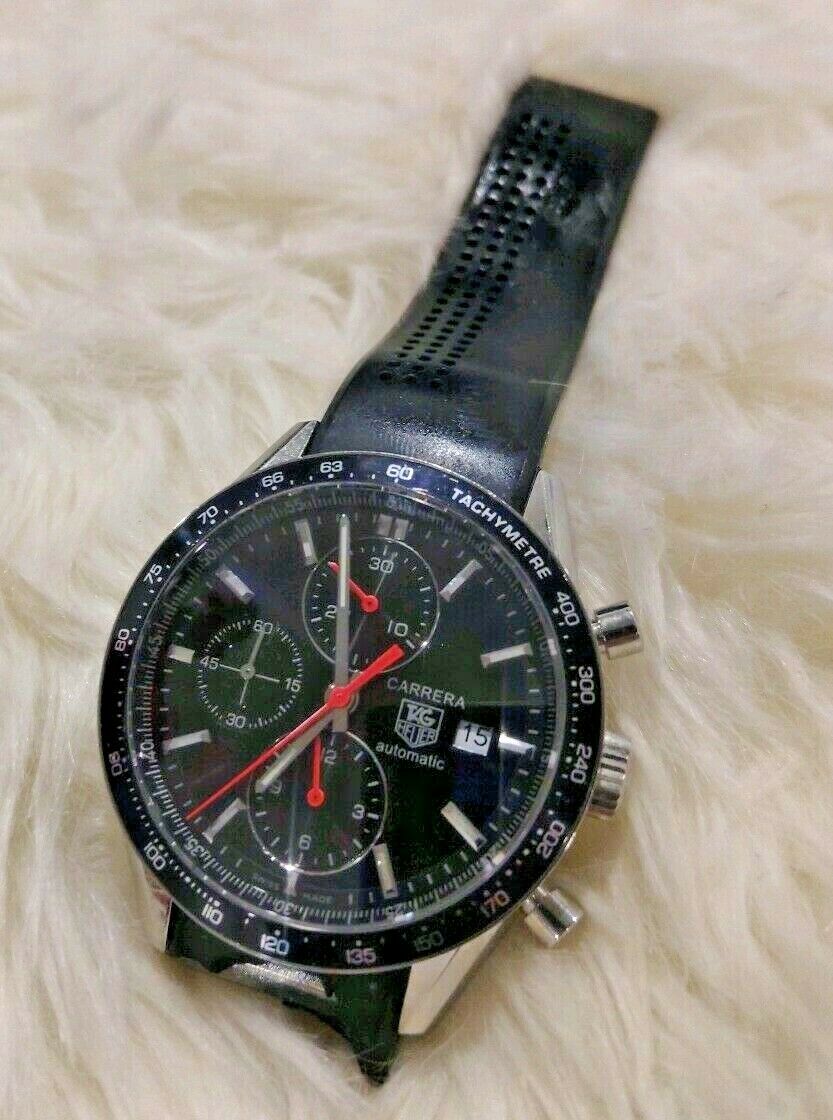 Tag Heuer Carrera Black Dial Rubber Strap Chronograph Mens Watch CV2014