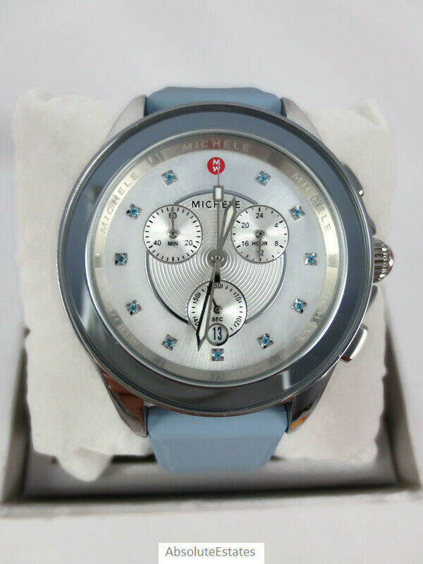 NEW Michele Cape Sky Blue Topaz Silver Chronograph Watch