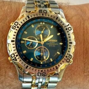 Citizen Mens Watch Gn 4 S Alarm Chronograph Wr100 Blue Gold Stainless Watchcharts
