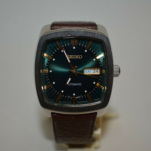 Seiko Recraft Green Dial Mens Automatic Watch Cushion Case Brown ...