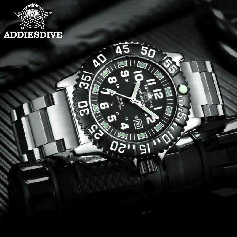 Addies Dive Stainless Steel Strap Black Dial Waterproof Men Watch