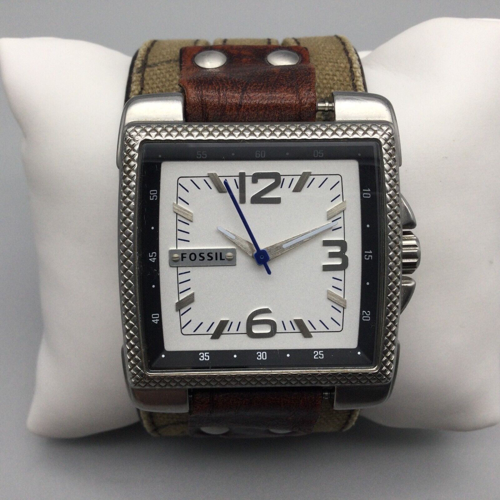 Fossil Brown Leather Cuff Watch Rectangular Dial Silver Tone Working Fossil Watch Men Silver Tone Rectangle Date Wide Leather  main image 2