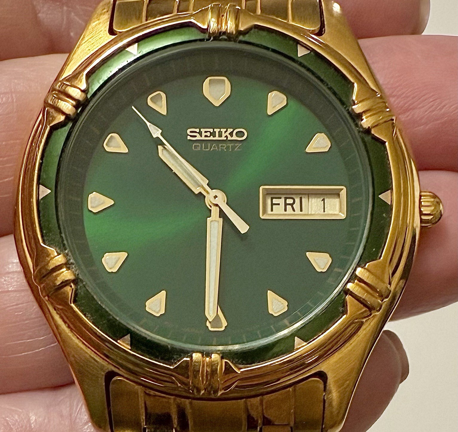 SEIKO 7N43-8171 Day Date Green Dial Gold Tone Menâ€™s Quartz Watch