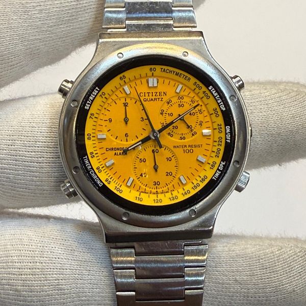 VINTAGE RARE CITIZEN P 3530-351140 YELLOW DIAL MENS CHRONOGRAPH QUARTZ ...